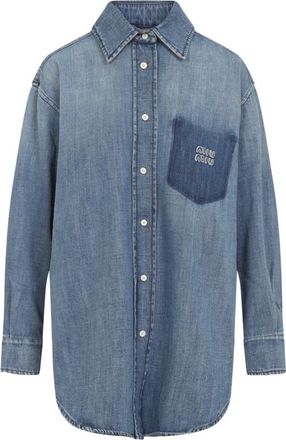 Miu Miu Blauwe Denim Shirt met Logopatch - Dames - Spijkeroverhemden - Blauw - XS - Denim - Overhemden