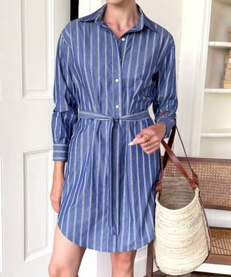 Emerson Fry Long Sleeve Shirt Mini Dress In Slate Blue Stripe