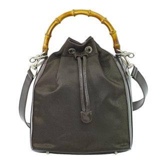 Gucci Vintage Bamboo Bucket Nylon And Leather Brown Canvas Handbag (Pre-Owned)