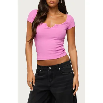 Edikted Jeanna Notched Scoop Neck T-Shirt in Pink at Nordstrom, Size X-Small