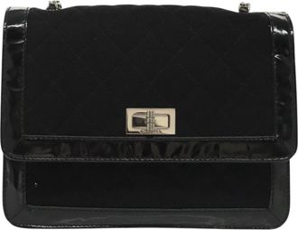 Chanel Vintage Mademoiselle Flap Quilted Canvas With Patent Black Canvas Handbag (Pre-Owned)