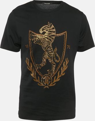 Roberto Cavalli Black Crest Crystal Embellished Cotton Knit T-Shirt