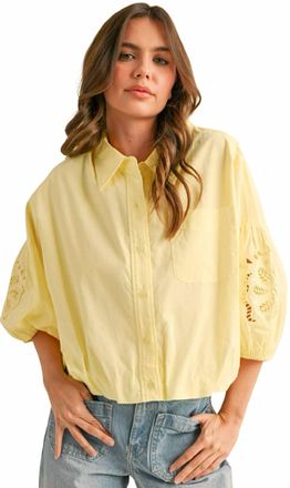Merci Cut Out Embroidered Bubble Sleeve Top In Pale Yellow