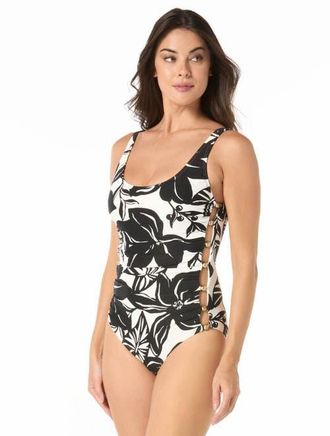 Carmen Marc Valvo Amorphic Beaded Scoop Neck One-Piece Swimsuit in Black/white at Nordstrom, Size 14
