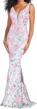 Mon Cheri Floral Sequin Trumpet Prom Dress In Pink/multi