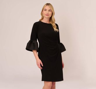 Adrianna Papell Plus Size Draped Jersey Short Sheath Dress With Bell Cuffs In Black