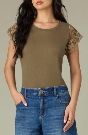 Wit & Wisdom Crochet Trim Top in Olive Drab/Pale Oak at Nordstrom, Size X-Large