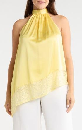 Renee C Sleeveless Lace Trim Satin Asymmetric Top in Butter Yellow at Nordstrom Rack, Size 1X