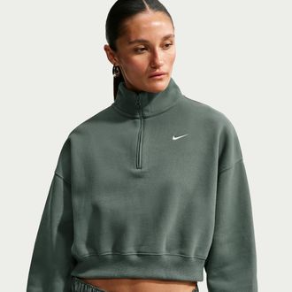 Nike Womens Studio Fleece Medium Weight Oversized 1/4-Zip Cropped Top in Green | IM8501-303