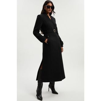 Karen Millen Wool Notch Neck Belted Maxi Coat in Black at Nordstrom, Size 10