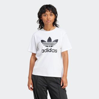 adidas T-Shirt ADIDAS ORIGINALS TREFOIL TEE, Damen, Gr. XS, weiss (wei&szlig;), Obermaterial: 94% Baumwolle, 6% Elasthan, Shirts T-Shirt, l&auml;ssiger Stil, mit Logodr