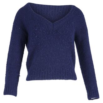 Reformation Knitted Deep V-Neck Sweater in Blue Wool