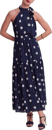Boden Roisin Tie Neck Maxi Dress in Navy Painted Dot Spaced at Nordstrom, Size 12