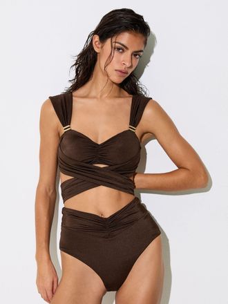 Reiss Chocolate Brown High-waisted Ruched Bikini Bottoms, 10