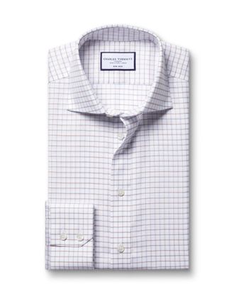 CHARLES TYRWHITT Non-Iron Twill Fine Checkered Cotton Formal Shirt - Sky Blue & Gold Single Cuff Size 16.5/33 by Charles Tyrwhitt