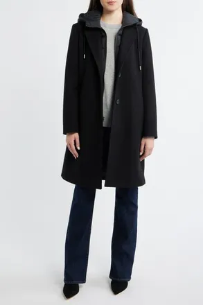 Lucky Brand Walker Coat with Hooded Bib Inset in Black at Nordstrom, Size X-Small