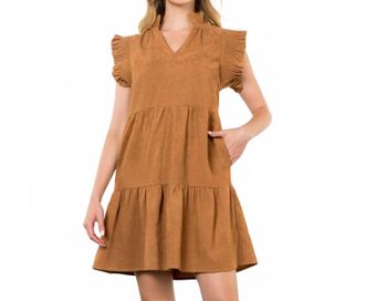 THML Clothing Flutter Sleeve Corduroy Midi Dress In Camel