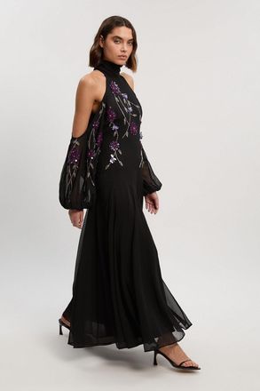 Karen Millen Womens Cold Shoulder 3D Floral Applique Woven Maxi Dress - Black - Size 10 UK