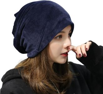 Generic Velvet Slouchy Beanie Hat, Winter Warm Cap, Soft Casual Style, Blue, One Size