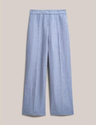 Hobbs London Estella Mid-Rise Wide-Leg Linen Trousers in Blue White at Nordstrom, Size 10