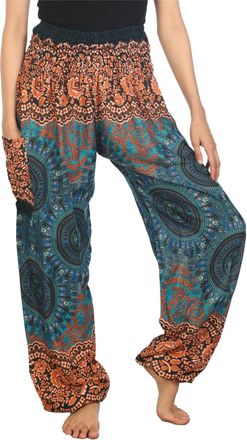 Lofbaz Harem Pants for Women Hippie Boho Festival Clothing - Bohemian Trousers for Yoga Beach Summer - Smocked Waist with Pockets - Rose 2 Teal Green XXL Plu