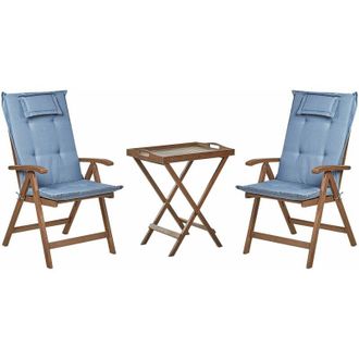 Beliani Set da balcone con 2 sedie da giardino regolabili in legno di acacia e cuscini blu Amantea