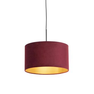 QAZQA Qazqa Cl&aacute;sico/antiguo L&aacute;mpara Colgante Negra Con Pantalla De Terciopelo Rojo Y Dorado 35 Cm - Combi Acero /textil Cil&iacute;ndra /alargada /redonda Adecuado