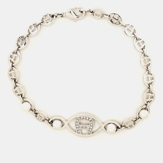 Aigner Logo Crystal Faux Pearl Silver Tone Bracelet