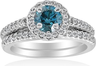 Pompeii3 3/4Ct Halo Round Blue Diamond Engagement Matching Wedding Ring Set White Gold