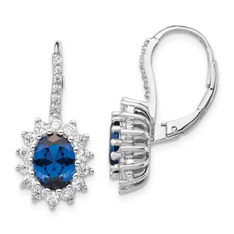 Diamond2Deal Sterling Silver Rhodium-plated Lab Created Dark Blue Spinel and White CZ Oval Halo Drop Earrings