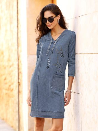 Heine Jerseykleid HEINE Jersey-Kleid, Damen, Gr. 34, Normalgr&ouml;ssen, jeansblau, Jersey, 95% Baumwolle, 5% Elasthan, gemustert, mehrfarbig, kurz, V-Ausschnitt