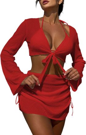 Generic Bathing Suit for Women 4 Piece Halter Triangle Bikini Sets Swimsuit with Cover Up Swimming Costume Women Swimwear Beachwear Red