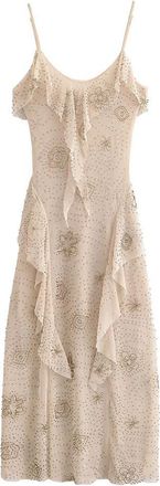 Generic Womens Beaded Layered Spaghetti Strap Solid Dress Beige M