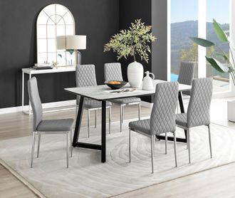 Furniturebox Carson White Marble Effect Dining Table & 6 Milan Chrome Leg Chairs in Grey