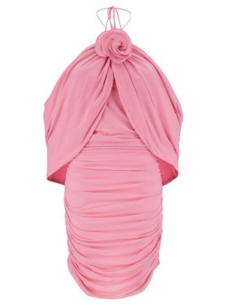 Magda Butrym Mini Pink Dress With Cape And Rose Patch In Stretch Polyamide Woman