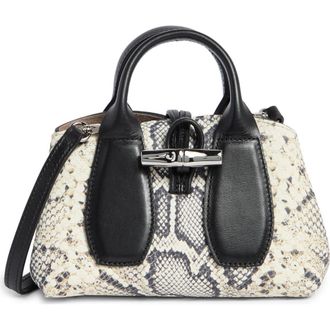 Longchamp Extra Small Roseau Snakeskin Print Leather Top Handle Bag in Black/White at Nordstrom Rack