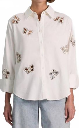 Alice & Olivia Finely Embellished Button-Front Shirt In Off White/silver Crystal
