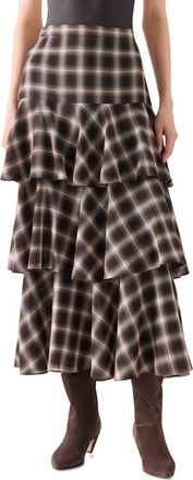 Akris Plaid Ruffle Tier Midi Skirt in Espresso-Cashew at Nordstrom, Size 10