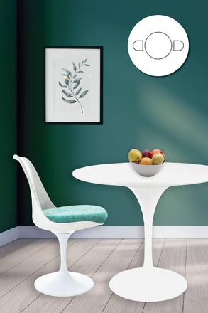 Fusion Living Tulip Set - White Medium Circular Table & Two Chairs with Luxurious Cushion in Turquoise
