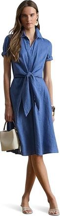 Lauren Ralph Lauren Tie-Front Linen Shirtdress Womens Dress Carson Blue : 10