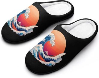 Generic Japanese Great Wave Sun Mens House Slippers Memory Foam Washable Cotton Slip on Home Shoes
