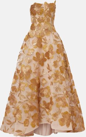 Monique Lhuillier Embroidered strapless raffia-blend gown