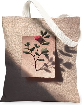 Generic Floral Canvas Tote Bags, Stylish Plant Design Reusable Grocery Bags, Lightweight Washable Shoulder Strap Canvas for Travel, Peach, 13x15 Inch