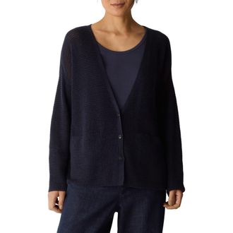 Eileen Fisher Open Stitch Organic Cotton Blend V-Neck Cardigan in Ink at Nordstrom, Size Xx-Small