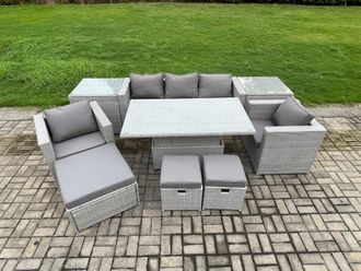 Fimous Rattan Outdoor Garden Funiture Set Height Adjustable Rising Lifting Table Sofa Dining Set with 2 Armchairs in Light Grey