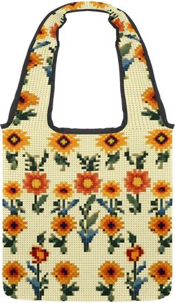 Generic Art Mosaic Flowers Reversible Canvas Shoulder Tote - Double-Sided Print, 12oz Cotton, 27cm Drop, Fold-Flat Bag for Travel, Shopping, Street Outings