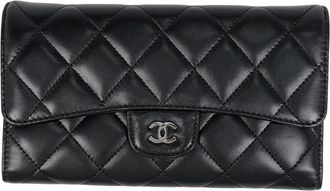 Chanel Matelasse Black Leather Long Wallet (Tri-Fold) (Pre-Owned)