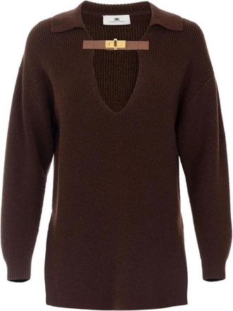 Elisabetta Franchi Wolmix Trui met Juweelband - Dames - V-hals truien - Bruin - M - Wol - Truien & Vesten