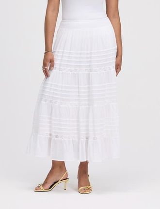 Finery Imani Cotton Tiered Midi Skirt in White at Nordstrom, Size 18