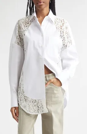 Stella McCartney Lace Panel Poplin Shirt in Pure White at Nordstrom, Size 38
